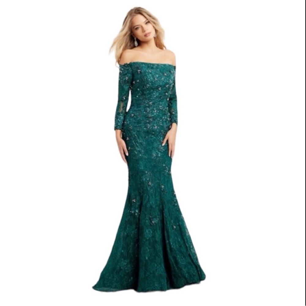 JOVANI FORMAL FOREST GREEN LACE‎ DRESS FIT AND FLARE SIZE XXL NWT